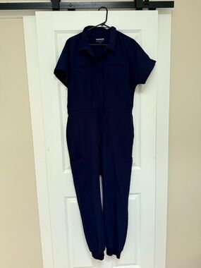 Mandala Navy Short-Sleeve Utility Jumpsuit with Drawstring Waist